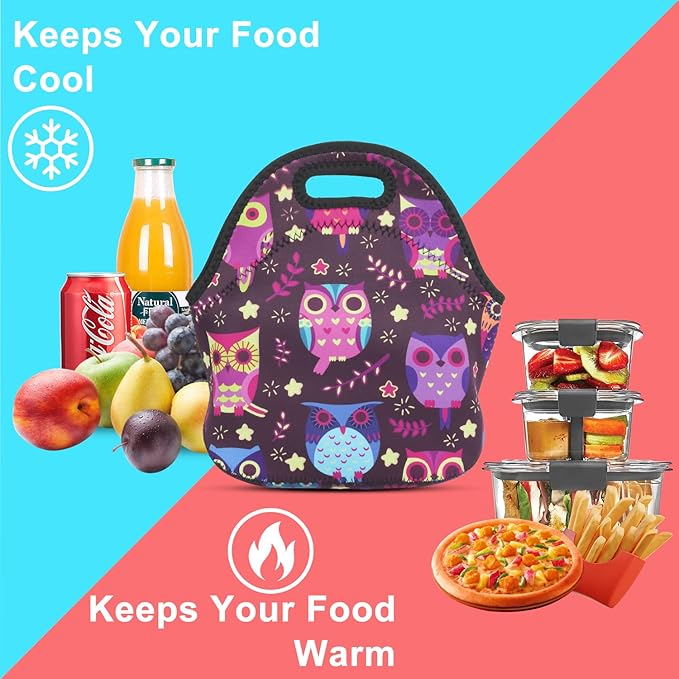 Violet Mist Neoprene Owl Lunch Bag Insulated Waterproof Lunch Bag Tote Cartoon Reusable Lunch Box Containers Food Carrying Lunch Handbags for Women men Work Thanksgiving Christmas Gift