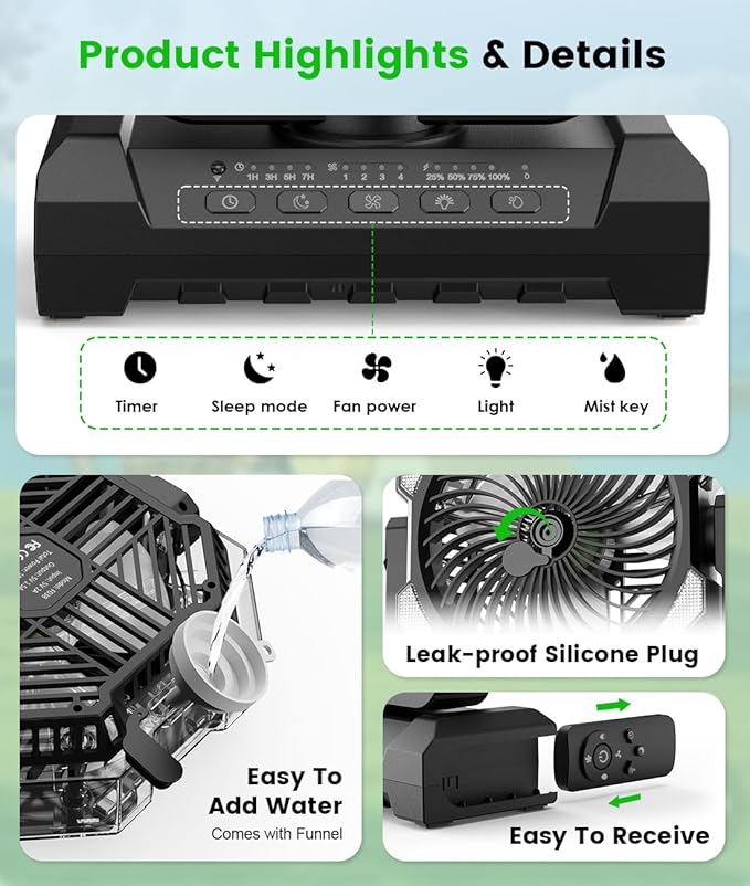 Camping Misting Fan - 30000mAh Portable Battery Powered Fans with 9oz Water Tank, Light, Hook - Rechargeable, 120H Cooling, Last 5H Mist, 4 Speed, Sleep Mode - Outdoor Fan for Travel, Patios, Fishing