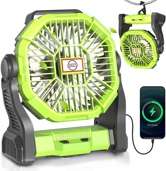Camping Fan Rechargeable, Cordless Battery Powered Camping Fan with LED Lantern, Hanging Hook, 270°Rotation, 20000mAh Personal Battery Operated for Beach, Picnic, Fishing, Travel, Tent, BBQ