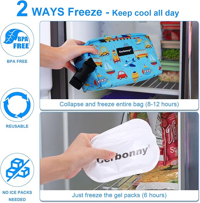 Cerbonny Freezable Lunch Cooler Bag for School/Work Travel, Mini Insulated Cooler, Fit for Yogurt & Snacks, Suitable for 3+, Blue Vehicle Theme