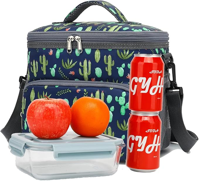 Insulated Reusable Lunch Bag Adult Large Lunch Box for Women and Men with Adjustable Shoulder Strap,Front Zipper Pocket and Dual Large Mesh Side Pockets,Cactus