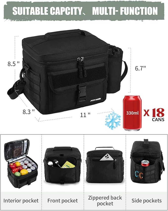 JOYHILL Tactical Lunch Box for Men, Insulated Lunch Bag with Detachable Bottle Pouch Holder, Large Durable Thermal Cooler Bag for Adult, Leakproof Bag for Work, Camping, Picnic, Black,13 L/18 Can