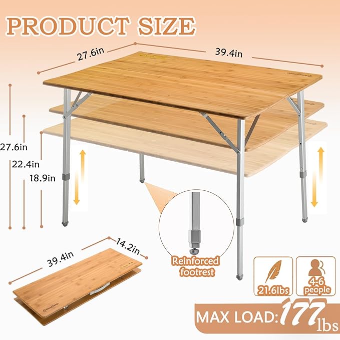 KingCamp Bamboo Folding Camping Table with Adjustable Height Aluminum Legs 2-Folds Portable Camp Tables for Travel, Picnic, 4-6 People