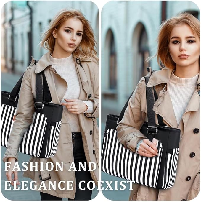 Large Women Lunch Bags for Work/Insulated Adult Lunch Box for Women/Leakproof Cooler Lunch Tote Bag with Storage Pocket. Reusable Lunch Cooler Purse for Work Picnic Hiking 12L, Black Stripes