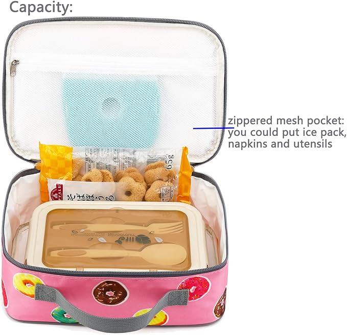 FlowFly Kids Lunch box Insulated Soft Bag Mini Cooler Back to School Thermal Meal Tote Kit for Girls, Boys, Doughnut