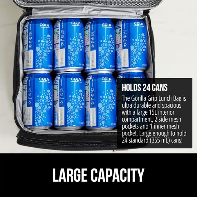 GORILLA GRIP Reusable Insulated Lunch Box Bag for Women Men,15L, Leakproof XL Soft Cooler Bags, Multiple Compartments, Mesh Pockets and Adjustable Strap, Food Tote Keeps Drinks Cold, 13x9, Black