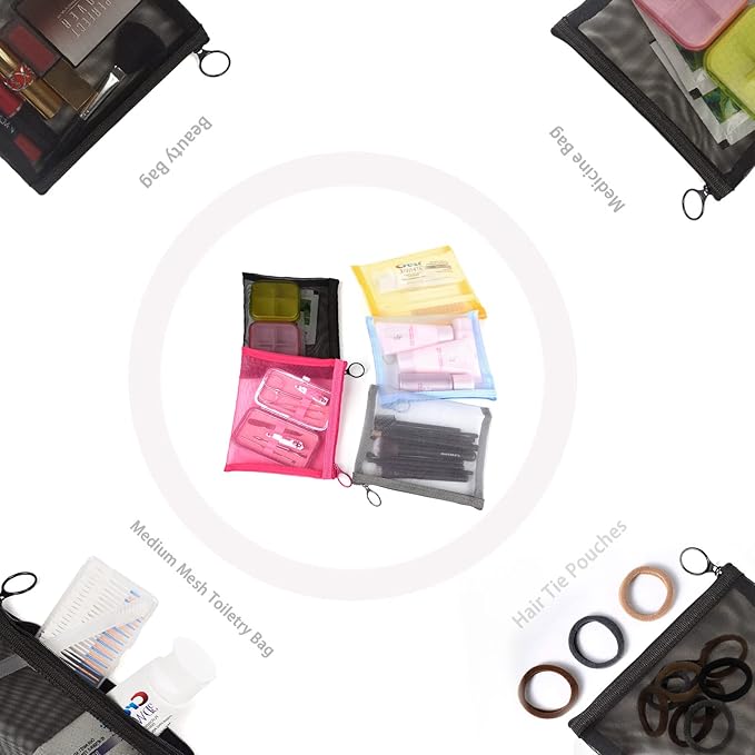 patu Zipper Mesh Bags, Size M / A6, 5 Pieces, Beauty Makeup Cosmetic Accessories Organizer, Travel Toiletry Kit Set Storage Pouch, Assorted Colors