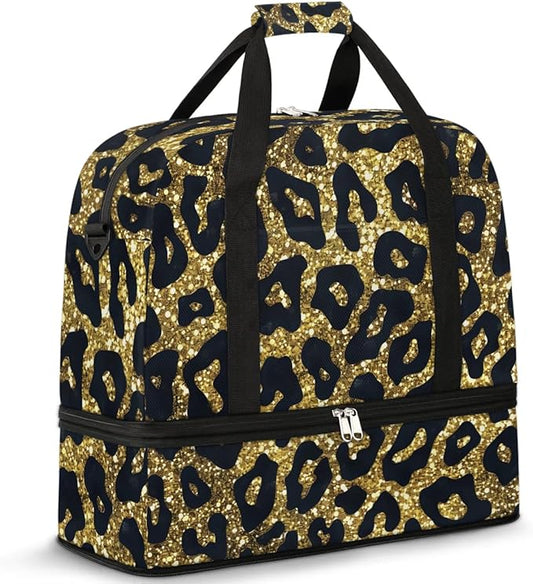 cfpolar Woman Travel Duffel Bag Gold Sequin Leopard Print Foldable Tote Carry On Luggage Sports Gym Bag With Shoe Compartment Overnight Weekend Yoga Workout Bag Training Handbag