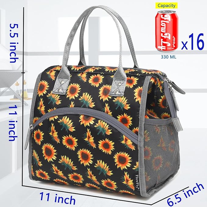 FlowFly Insulated Lunch Bag for Women, Men, Large and Reusable, Handle, Work and Travel Tote and Meal Prep Organizer, SunFlower