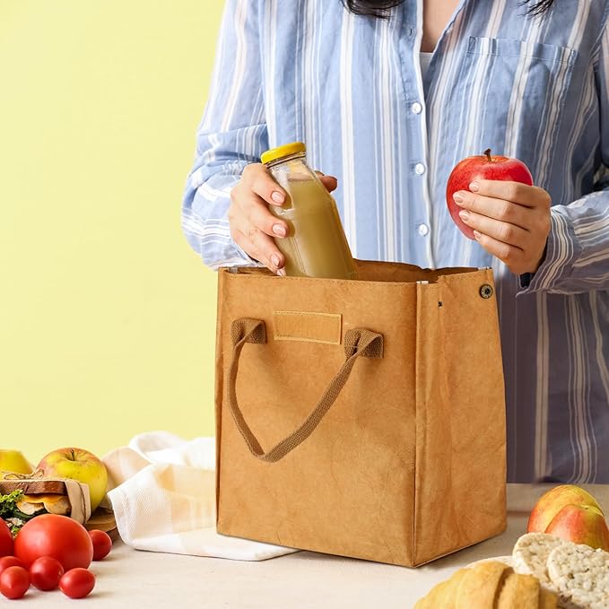 Maxcheck 2 Pcs Insulated Brown Lunch Bag Reusable Lunch Bag 9.45 x 8.66 x 5.51 Inch Easy to Carry Water Resistant Aesthetic Lunch Sack Thermal Lunch Tote Bag for Women Men Adult Snack Everyday Use