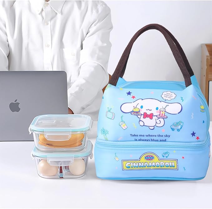 Kawaii Insulated Lunch Bag for Women Men, Cute Reusable Large Capacity Lunch Box, Double Compartment Container Lunch Tote Bag, Thermal Cooler Bag Food Handbags for Work Travel (Blue)