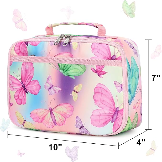 Kids Lunch Box Girls Boys Insulated Lunch Cooler Bag Reusable Lunch Tote Kit for School Travel (Butterfly)