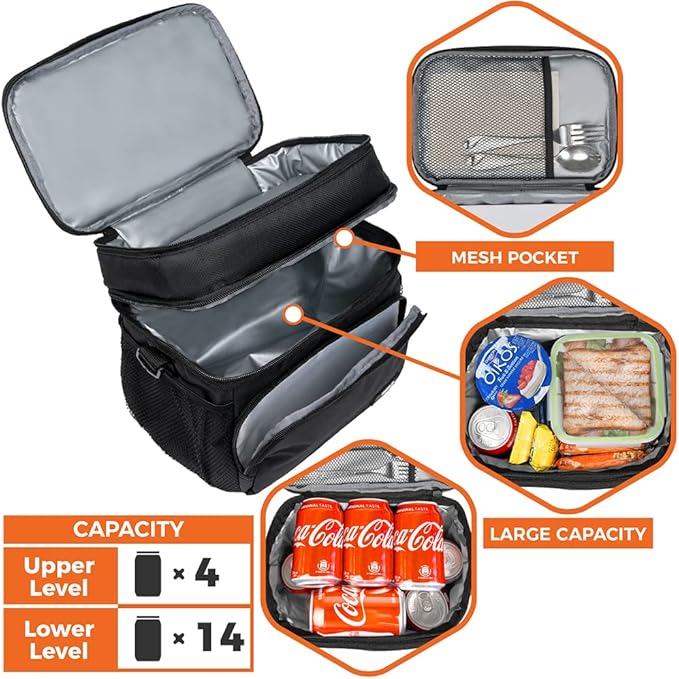 opux Insulated 2 Deck Lunch Bag for Men Women, Large Dual Compartment Cooler Bag for Work School Picnic, Leakproof with Strap for Kid Adult (Black)