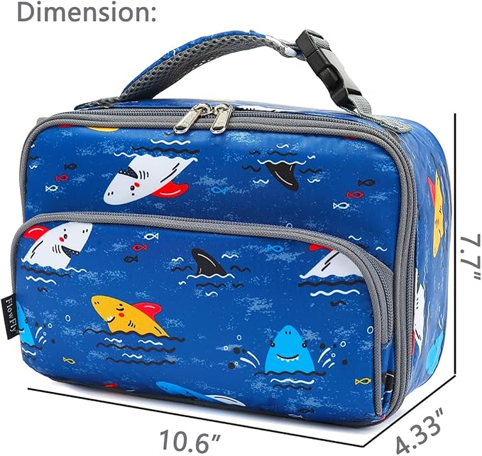 FlowFly Kids Lunch box Insulated Soft Bag Mini Cooler Back to School Thermal Meal Tote Kit for Girls, Boys, Colorful-Shark