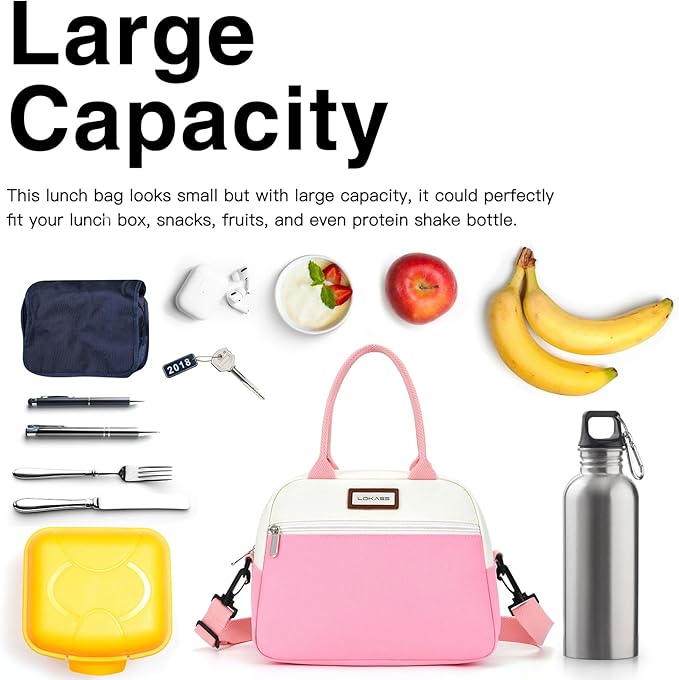 LOKASS Lunch Box for Women-Insulated Adults Lunch Bag with Front Pocket-Small Cute Lunch Tote for Work-Reusable Cooler Bag for Office Picnic Beach or Travel (Pink