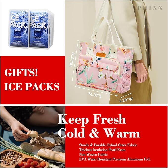 Lunch Bag Women Insulated Lunch Box for Women Adults - Leakproof Large Purse Lunch Tote Bags with Adjustable Shoulder Strap Zipper Side Pockets for Work