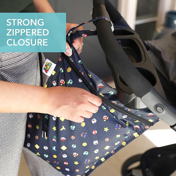 Bumkins Waterproof Wet Bag for Baby, Travel, Swim Suit, Cloth Diapers, Pump Parts, Pool, Beach, Gym Clothes, Toiletry, Hook to Stroller, Daycare, Zipper Reusable Wetdry Packing, Nintendo Super Mario