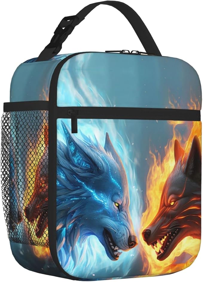 SARA NELL Wolf Insulated Lunch Bag Cool Ice and Fire Wolf Lunch Cooler Box for Women Men Teens Kids, Reusable Lunch Tote Bag, Leakproof Insulated Lunch Bags for Work, Picnic, School or Travel
