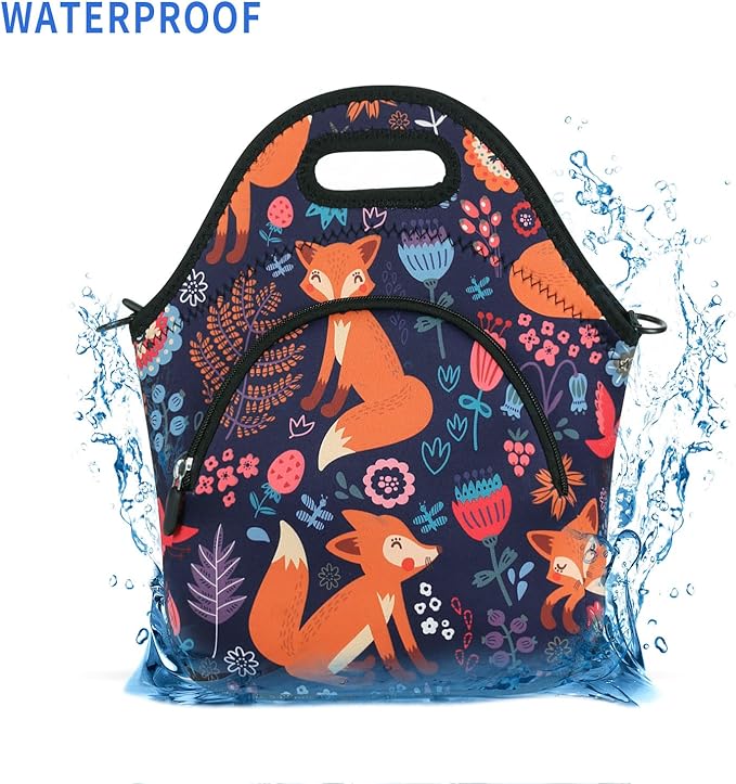 Violet Mist Neoprene Thermal Insulated Resuable Lunch Bag Tote Large with Extra Pocket Detachable Adjustable Shoulder Cute Fox Animal Cartoon Lunchbox Food Handbags Container for Women Christmas