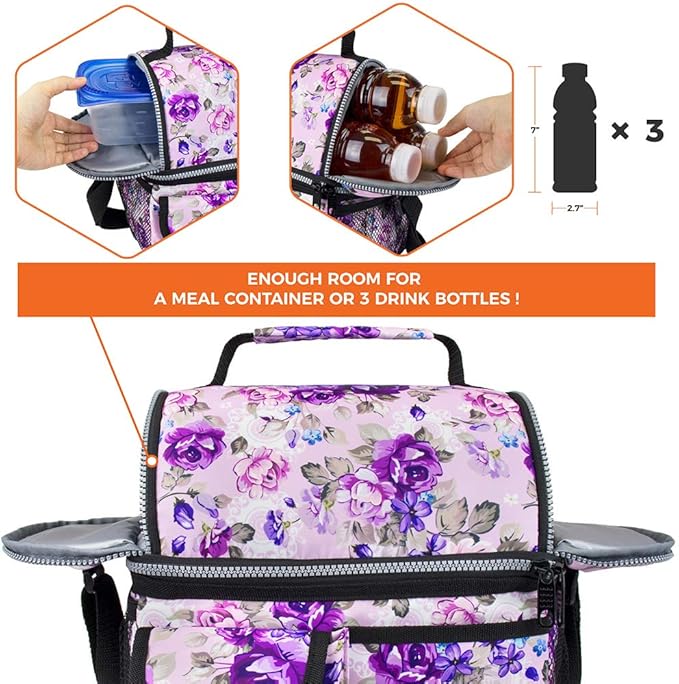 opux Lunch Bag Women Insulated, Adult Lunch Box Cooler, Flower Lunch Box, Dual Compartment Lunchbox for Work, Leakproof Double Decker Lunch Bag, Soft Lunch Pail Tote Girls Kids School, Floral Purple
