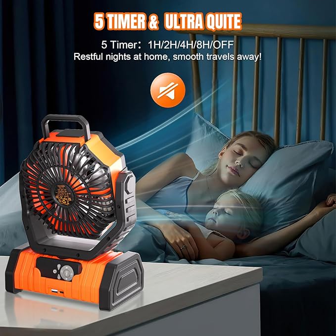 KEPEAK Rechargeable Camping Fan with LED Light, 20000Ah Battery Operated Powered Fan, 72H Runtime, Remote Control, 5.3m Airflow, Ultra-Quiet Portable Fan for Tents, Outdoor, Camping(Orange)