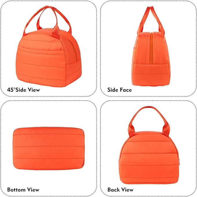 Lunch Bag Lunch Box for Women Men Adult Insulated Cute Small Quilted Puffer Lunchbox Reusable Thermal Lunch Cooler Tote Bag for Work, Picnic or Travel-Orange