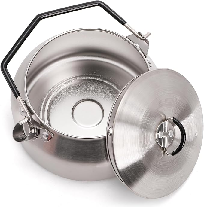 1L Camping Kettle, Portable Outdoor Campfire Kettle, 304 Stainless Steel Camp Tea Coffee Pot, Lightweight Fast Heating Open Fire Water Boiler for Hiking Backpacking Bushcraft Picnic Travel