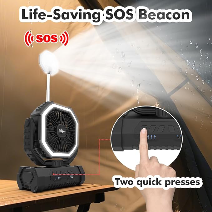 Portable Fan, AI Outdoor Rechargeable Camping Fan with Light, 20000mAh Battery Powered, 360° Rotating Hook, 4 Speeds for Indoor, Traveling, Tenting, RVing, Fishing, Beach (Black)