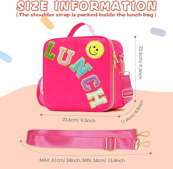 Insulated Lunch Bag Women Lunch Box Kids for Teen Girls Boys, Cute Preppy Lunch Boxes With Adjustable Shoulder Strap, Waterproof Nylon Lunchbox Lunch Bags for School Work Picnic (Rose Red)