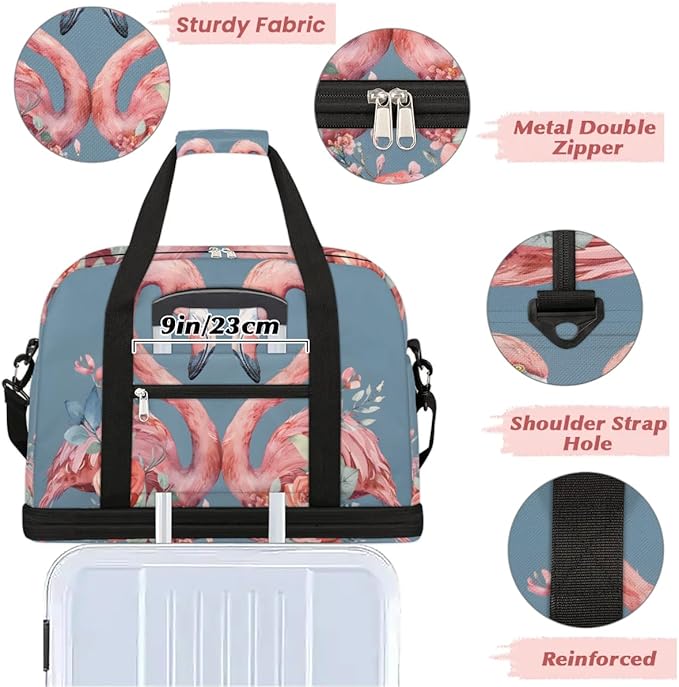 cfpolar Woman Travel Duffel Bag Heart Flamingo Flower Foldable Tote Carry On Luggage Sports Gym Bag With Shoe Compartment Overnight Weekend Yoga Workout Bag Training Handbag