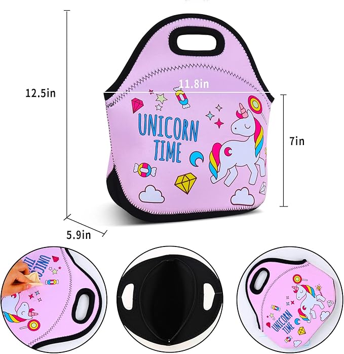 Violet Mist Unicorn Pink Neoprene Lunch Bag Cute Insulated Reusable Lunch Box Thermal Lunch Bags Tote Waterproof Thick Lunch Handbag with Zipper Thanksgiving Christmas Gifts Work Picnic