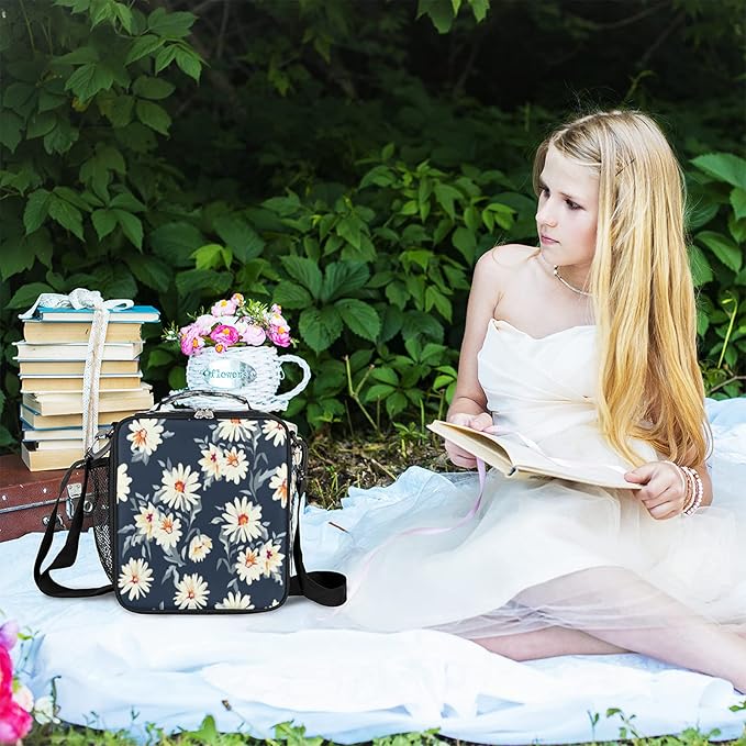 Daisy Insulated Lunch Bag for Girls Women,Daisy Flower Cooler Thermal Tote Kids Reusable Lunch Box Container for School Picnic Work Office Travel Outdoor