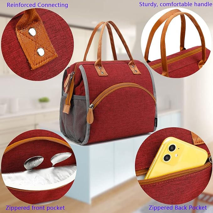 FlowFly Insulated Lunch Bag for Women, Men, and Kids, Large and Reusable, Handle, Work and School Travel Tote and Meal Prep Organizer, Red