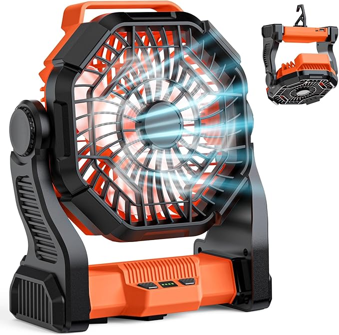 Portable Rechargeable Camping Fan, 10-Inch Battery Operated Fan, Quiet Table Fan with LED Lights, 4 Fan Speeds and 125°Rotation, Rechargeable Beach fan for Travel, Fishing, Picnic, Orange