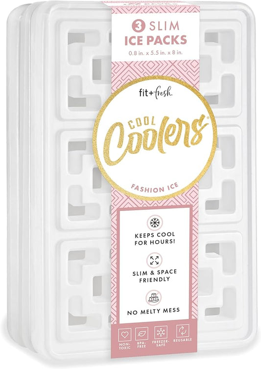 Cool Coolers Fashion Ice by Fit & Fresh, 3 Pack XL Slim Ice Packs, Unique Ice Pack Design for Womens Lunch Bag, Space Saving Reusable Ice Packs for Lunch Boxes, Cooler Ice Packs, Pearl White, 3PK