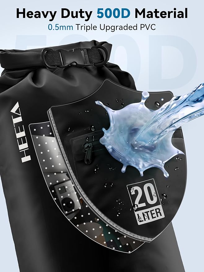 HEETA Waterproof Dry Bag with Front Zippered Pocket for Women Men, 5L/10L/20L/30L/40L Roll Top Lightweight Dry Storage Bag Backpack for Travel, Kayaking, Boating, Rafting, Camping, Hiking & Beach