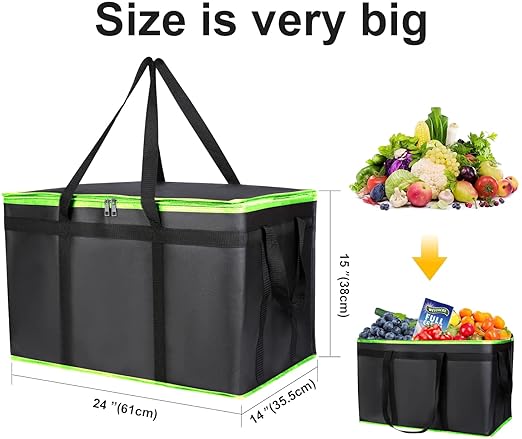 musbus 2 Pack XXXL-Large Insulated Grocery shopping bags, Green, reusable bag,thermal zipper,Collapsible,tote,cooler,food transport hot and cold,camping,Recycled Material delivery groceries