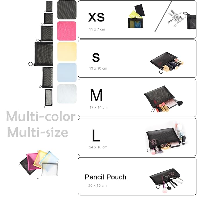 patu Zipper Mesh Bags, 9.25" x 7", Size L / A5, 5 Pieces, Beauty Makeup Cosmetic Accessories Organizer, Travel Toiletry Kit Set Storage Pouch, Assorted Colors