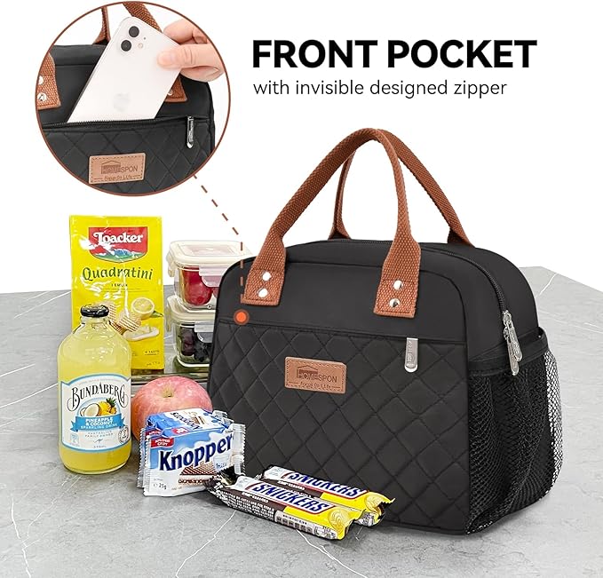 HOMESPON Insulated Lunch Bag for Women Men Adults Lunch Tote with Front Pocket Lunch Box Container Cooler Bag for Work Picnic (Black with Side Pockets)