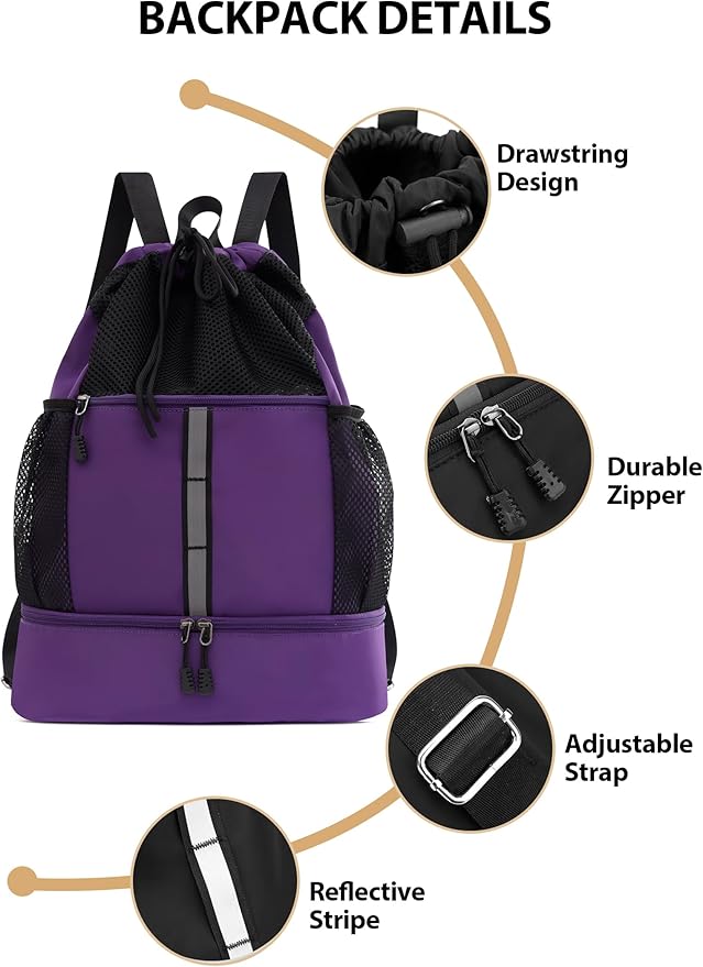 U.helper Waterproof Gym Drawstring Backpack, Sports Sack with Shoes Compartment & Wet Pockets for Ball/Beach/Swim Training (Purple)