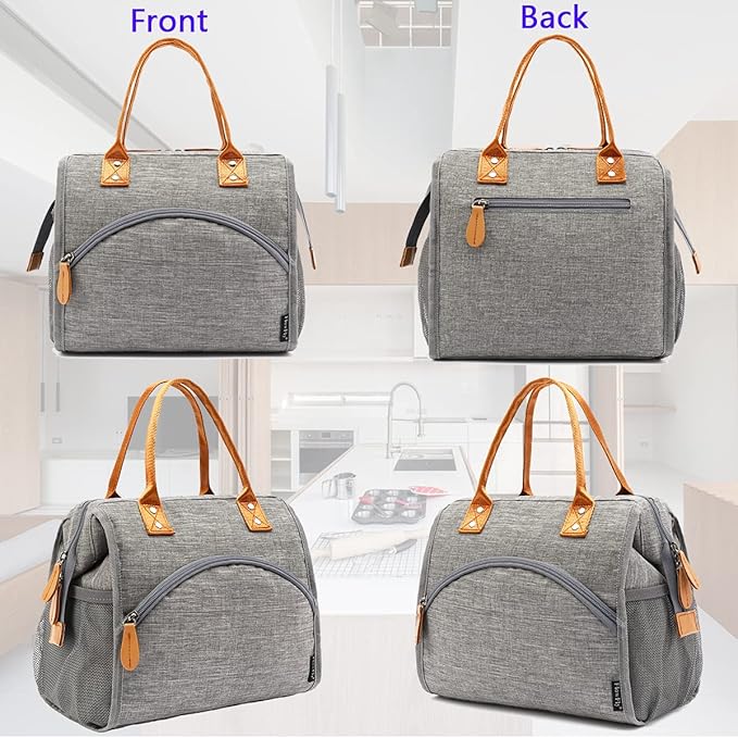 FlowFly Insulated Lunch Bag Wide-Open Lunch Box Large Tote Leakproof Cooler with Drink Holder and Multi Pockets for Women Men Adult Kids Work Picnic Travel Beach Hiking, Grey
