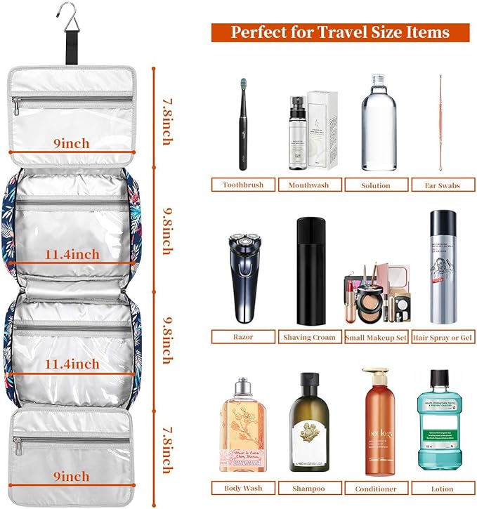 Hanging Travel Toiletry Bag,Large Capacity Cosmetic Travel Toiletry Organizer for Women with 4 Compartments & 1 Sturdy Hook,Perfect for Travel/Daily Use/Christmas