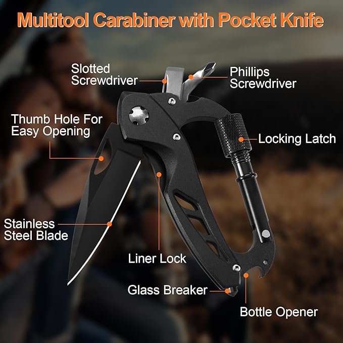 Fathers Day Dad Gifts from Daughter, Multitool Carabiner with Pocket Knife, EDC Gear with Folding Knives, Bottle Opener, Window Breaker And Screwdriver, Tactical Survival Gear for Camping And Hiking