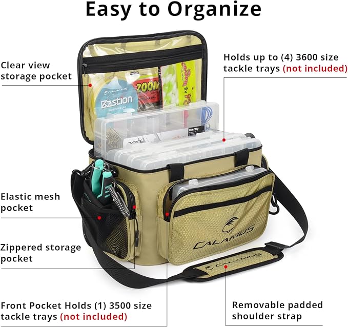 Calamus Fishing Tackle Bags - Fishing Bags for Saltwater or Freshwater Fishing - Rip-Stop PE - Padded Shoulder Strap - Pliers Storage -Khaki
