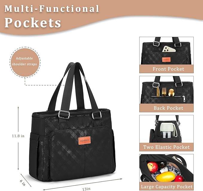 Large Women Lunch Bags for Work/Insulated Cooler Lunch Box with Side Pockets, 14L Capacity, Black