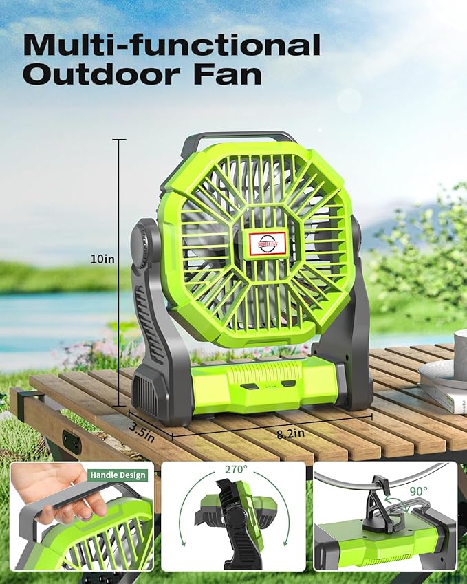 Camping Fan Rechargeable, Cordless Battery Powered Camping Fan with LED Lantern, Hanging Hook, 270°Rotation, 20000mAh Personal Battery Operated for Beach, Picnic, Fishing, Travel, Tent, BBQ