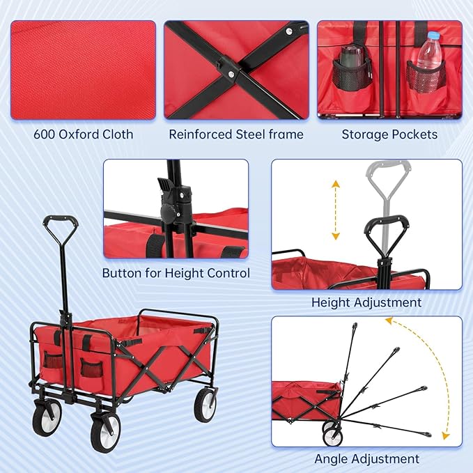 FDW 39''L Collapsible Wagon Cart, Heavy Duty Utility Folding Wagon for Outdoor Sports, 330 LBS Weight Capacity, Camping, Garden, and Shopping, Red