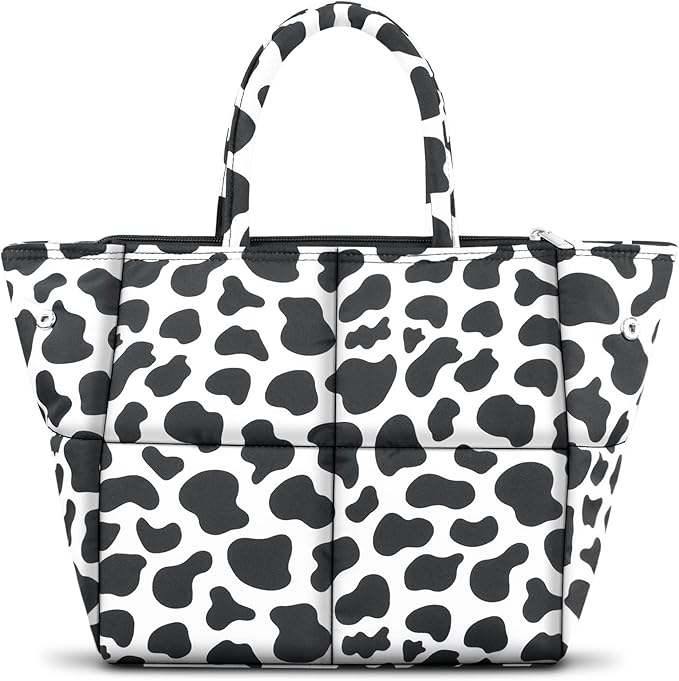 Coobiiya Stylish Quilted Puffer Lunch Box Lunch Bag for Women Men, Ultralight Thickened Leakproof Lunch Cooler Tote, Adult Small Cute Reusable Insulated Lunch Box for Work, Office, Travel (Cow)