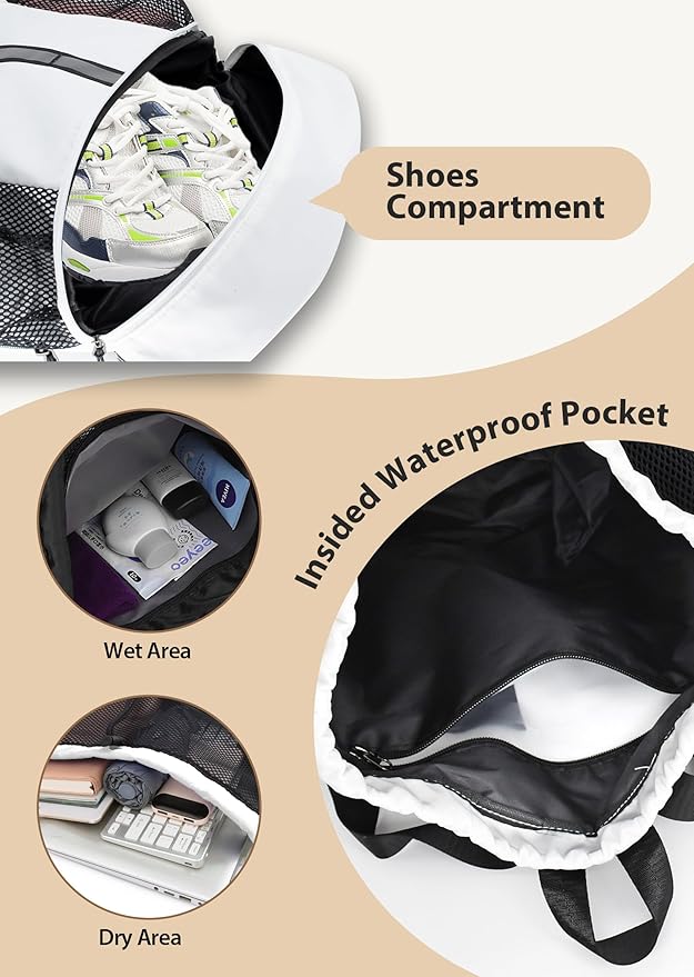 U.helper Waterproof Gym Drawstring Backpack, Sports Sack with Shoes Compartment & Wet Pockets for Ball/Beach/Swim Training (White)