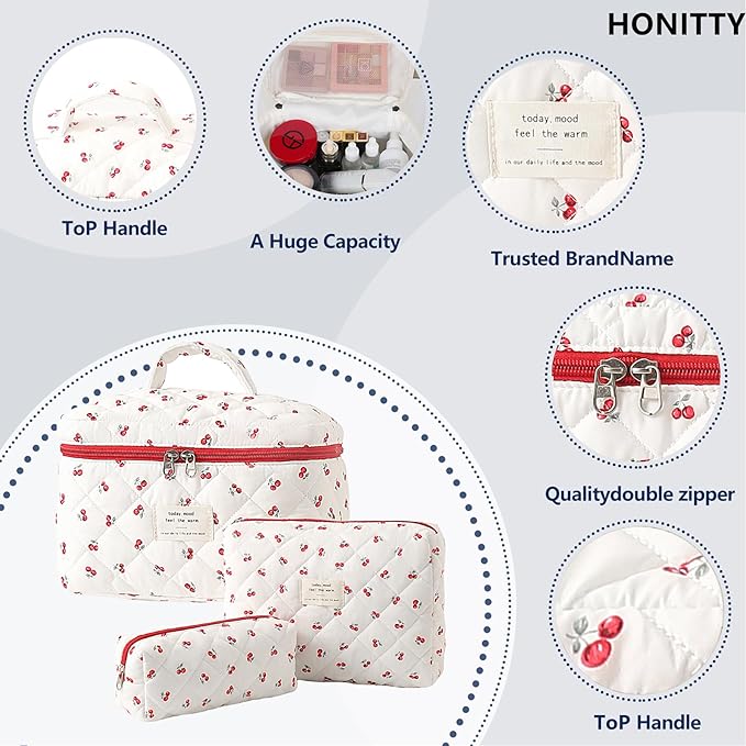 Makeup Bag,Quilted Cosmetic Bags,Large Floral Make Up Organize bag,Makeup Bag Set for Women,Flower Travel Toiletry Bag